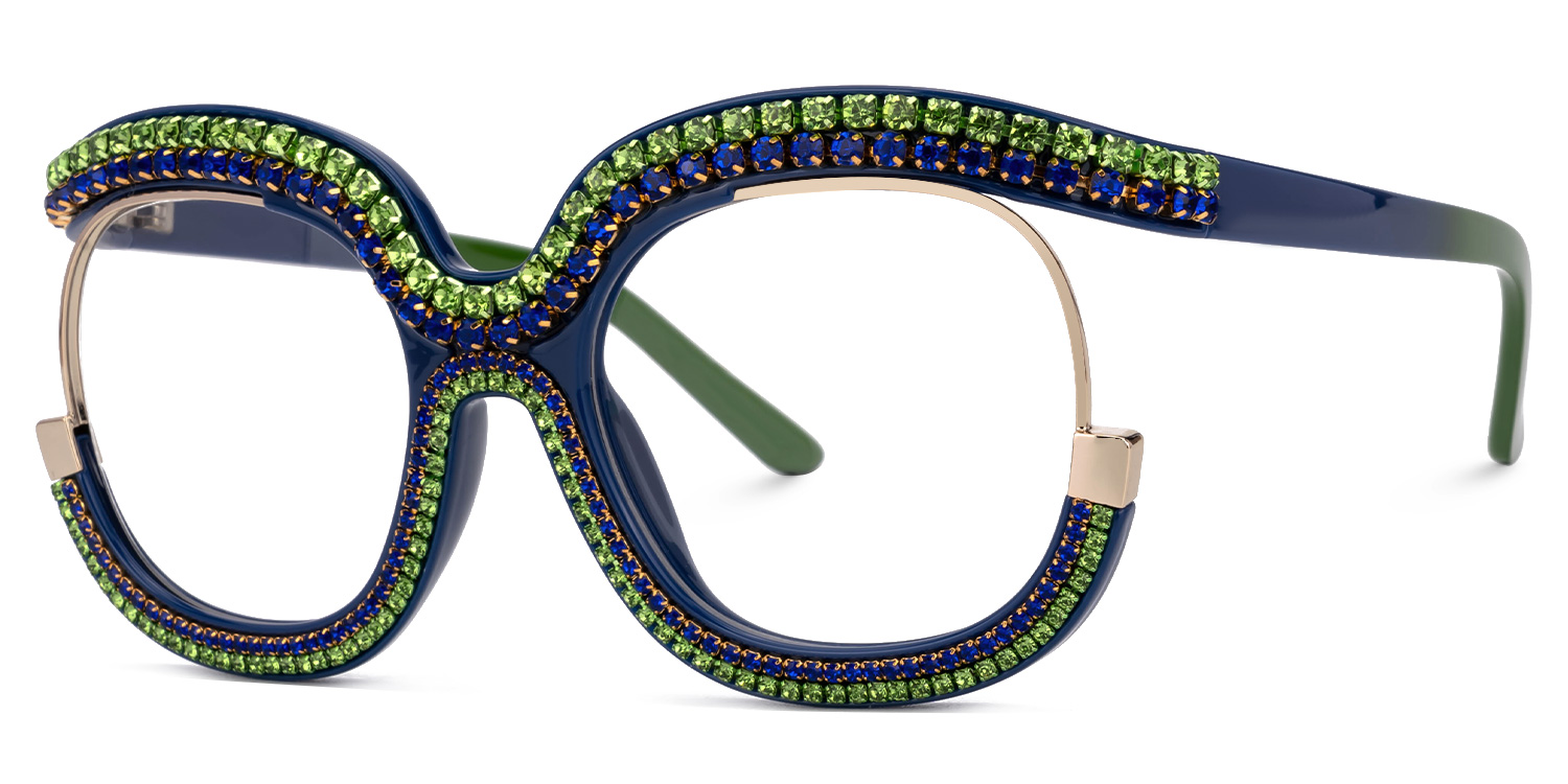 Green & Blue Rhinestone Frame -Veasley Square Glasses1